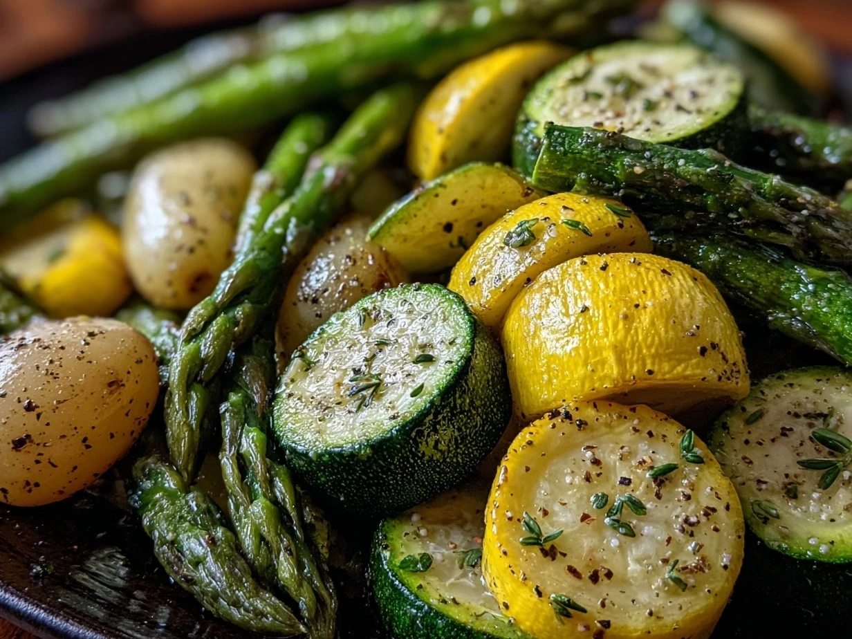 Serving of roasted Asparagus Zucchini Squash ready to eat