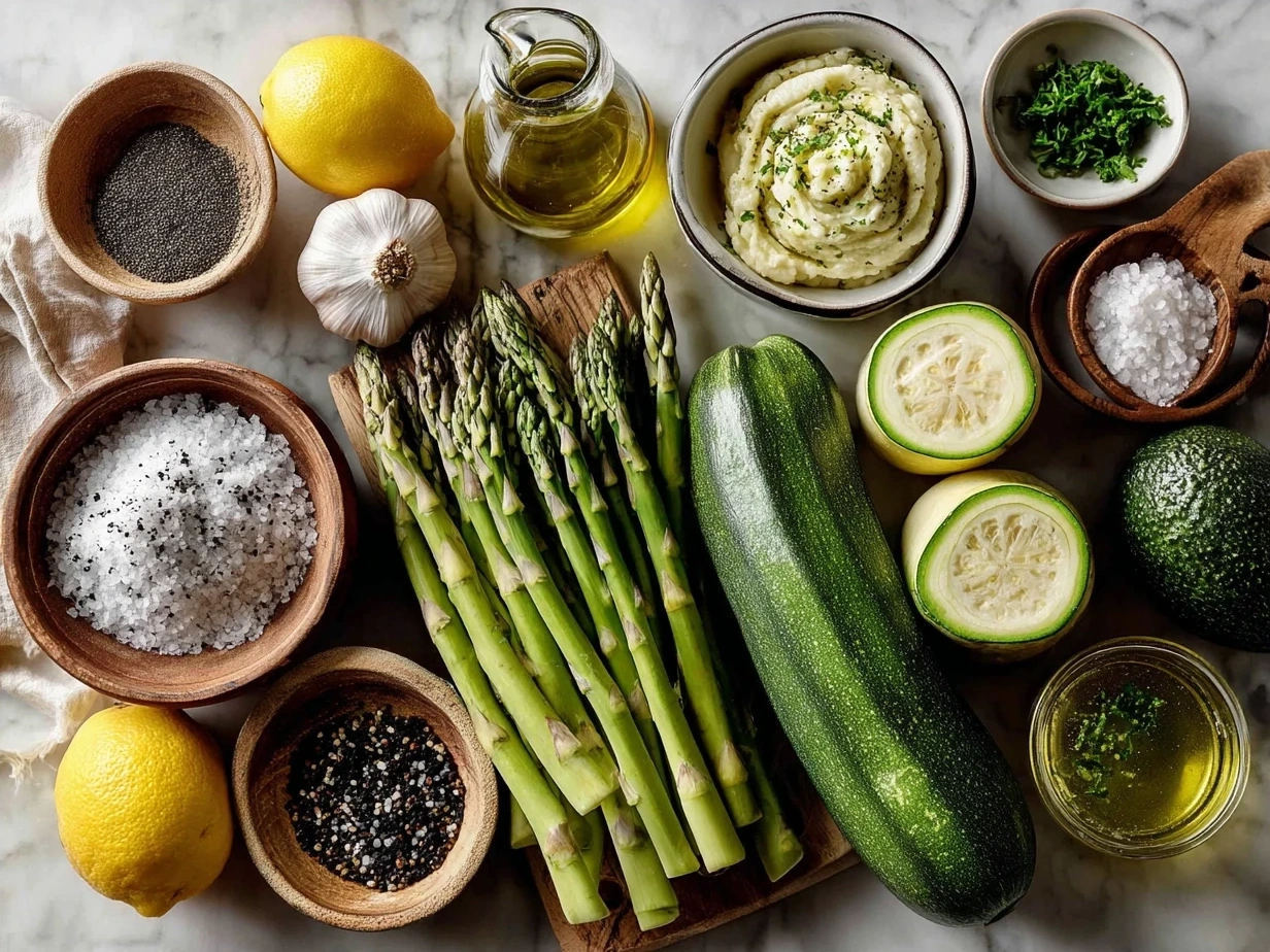 Fresh ingredients for Asparagus Zucchini Squash including asparagus, zucchini, yellow squash, garlic, and olive oil