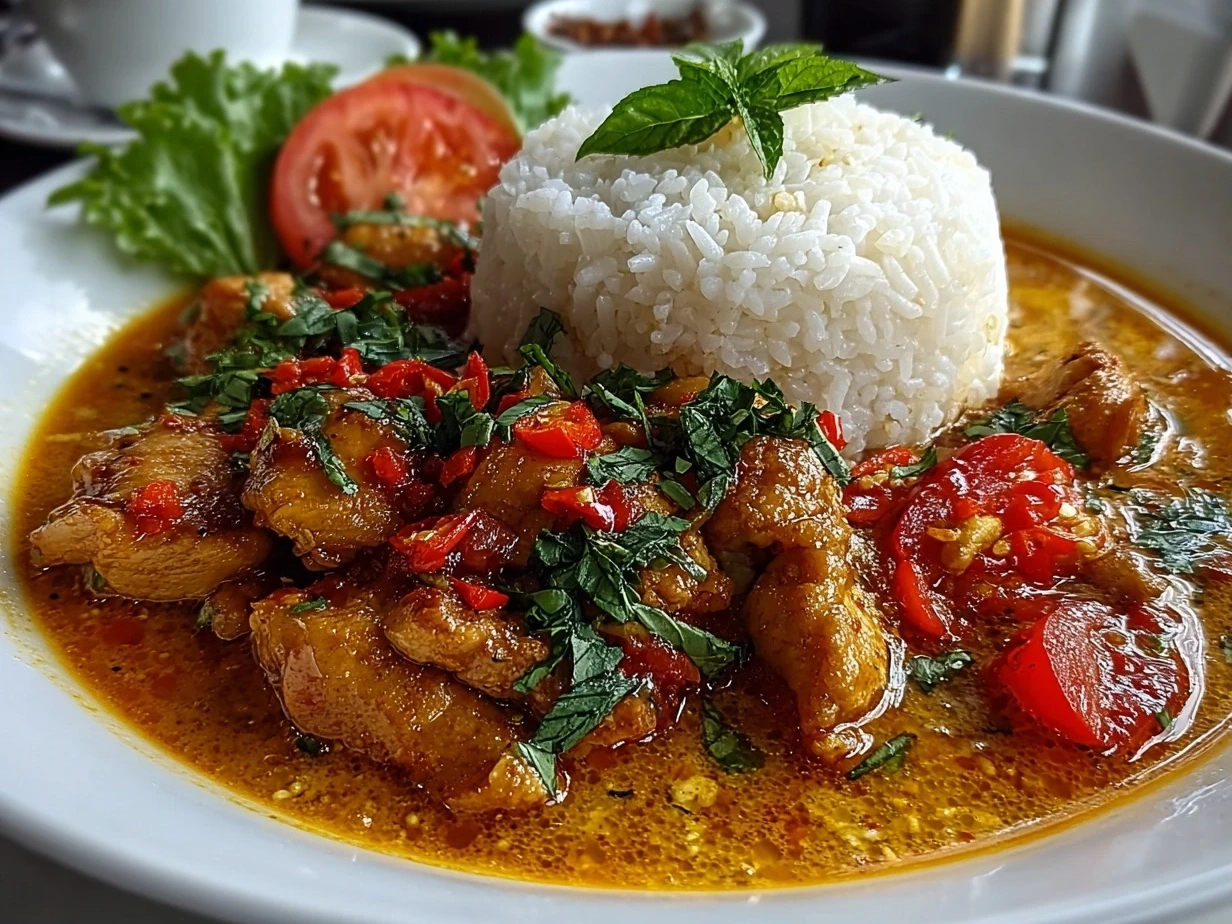 Authentic Thai Red Curry Chicken dish, appetizing close-up