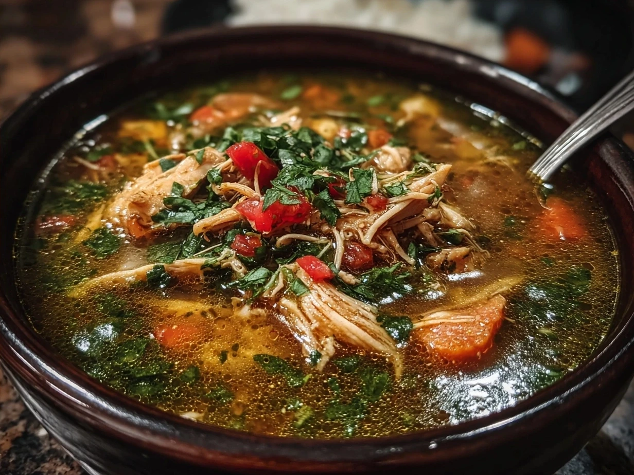 Bowl of Authentic Crockpot Chicken Pozole Verde served with fresh garnishes