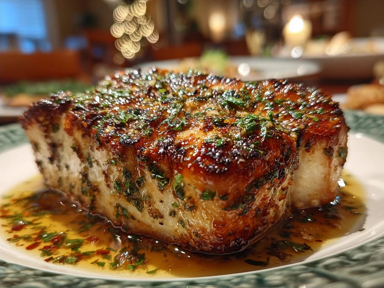 Deliciously baked swordfish garnished with fresh parsley ready to serve