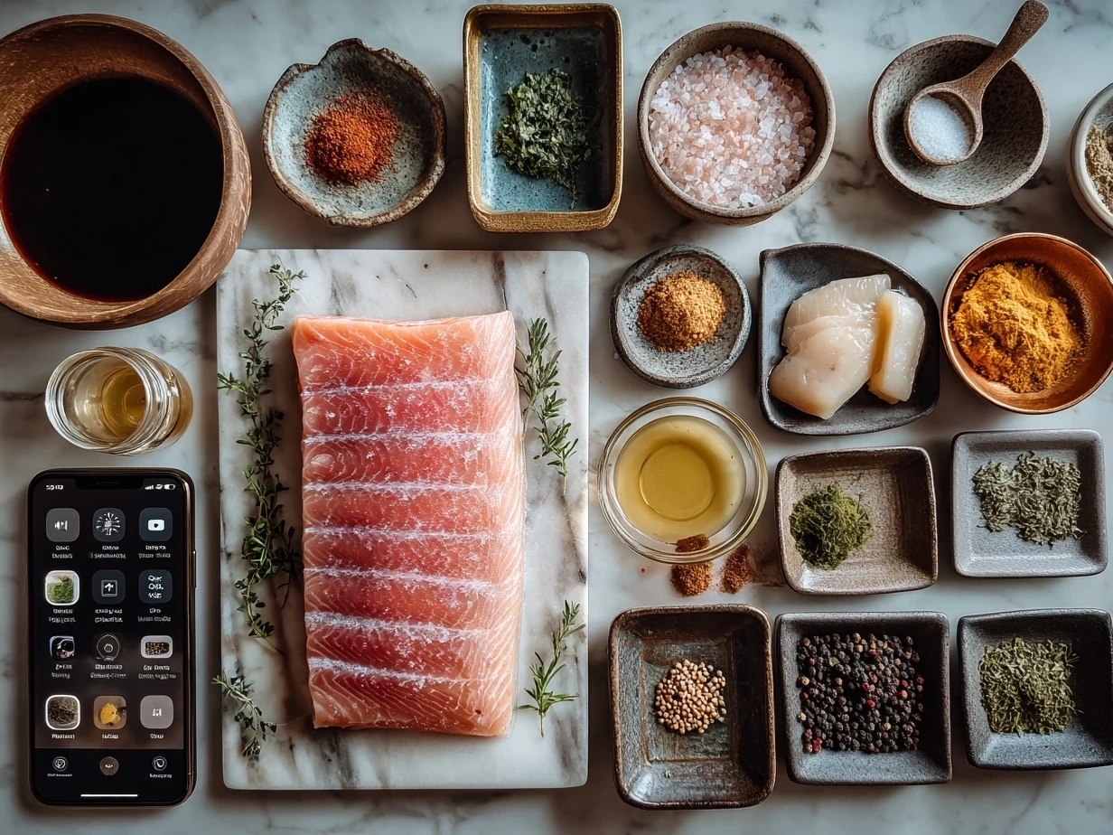 Ingredients for baked swordfish including swordfish steaks, olive oil, garlic, lemon, oregano, salt, pepper, and parsley