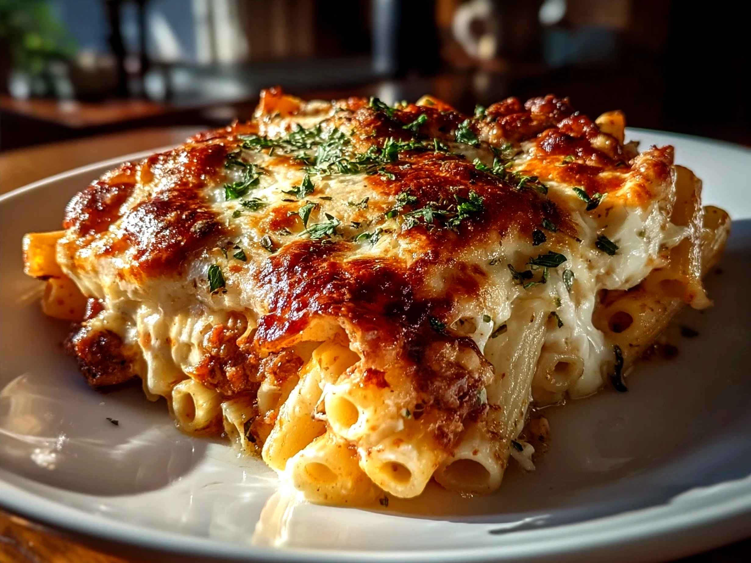 Plated serving of baked ziti with salad and roasted vegetables