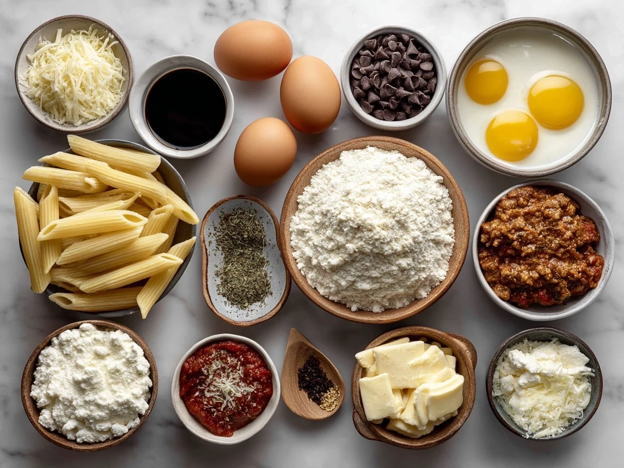 Ingredients for Baked Ziti laid out including pasta, cheeses, tomato sauce, and seasonings
