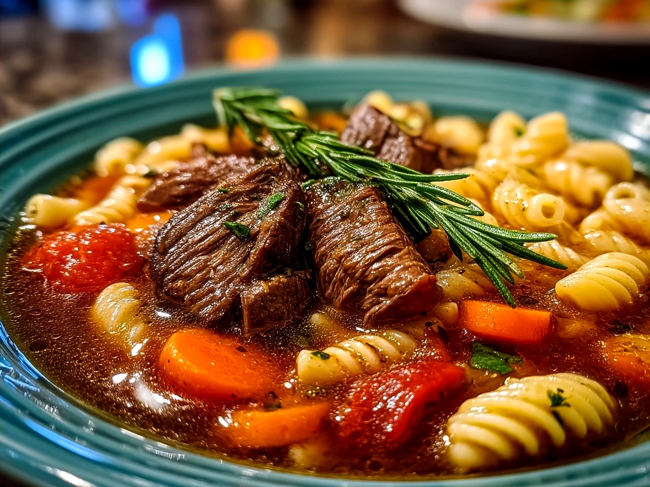 Serving bowl of Beef and Macaroni Soup with fresh parsley garnish