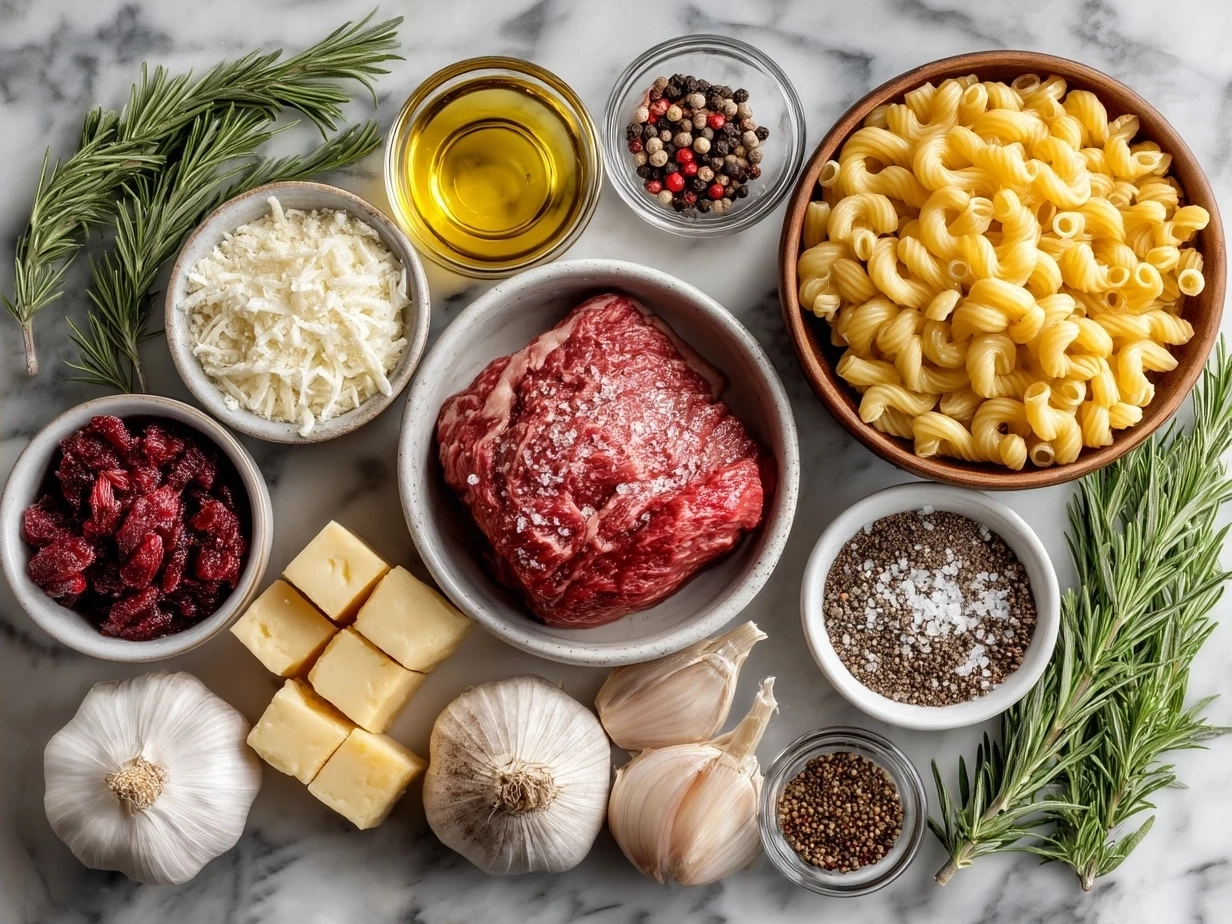 Ingredients for Beef and Macaroni Soup including ground beef, macaroni pasta, carrots, celery, onions, garlic, and beef broth