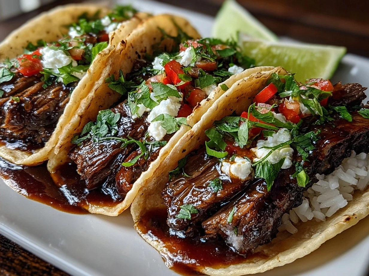 Finished Beef Short Rib Tacos served on a plate with fresh toppings