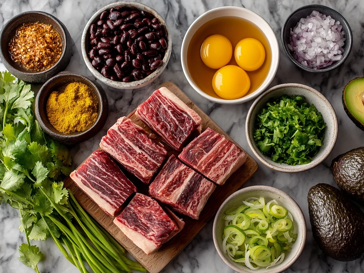 Ingredients for Beef Short Rib Tacos laid out on a wooden table