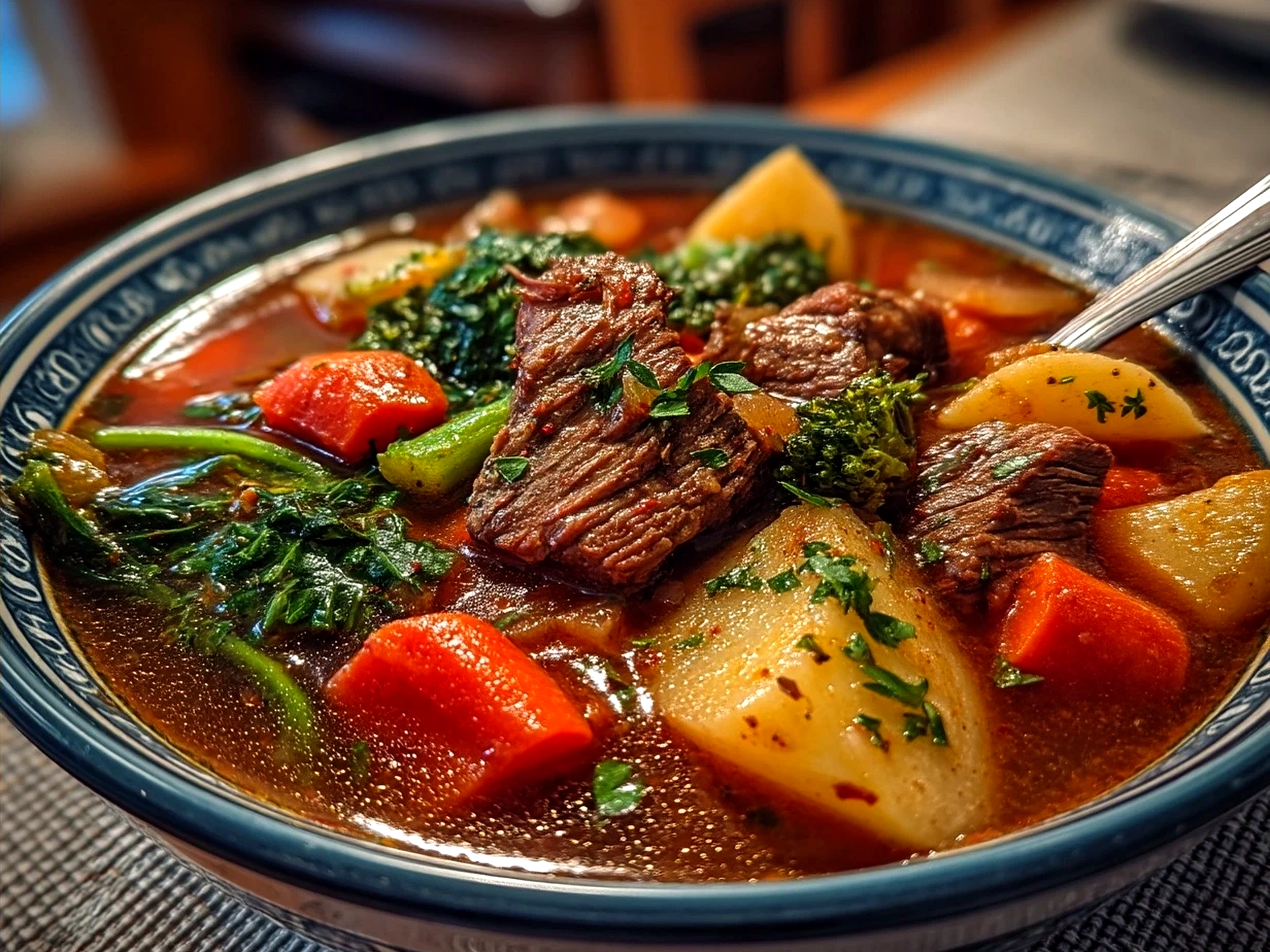 Serving bowl of hearty beef vegetable soup with fresh vegetables