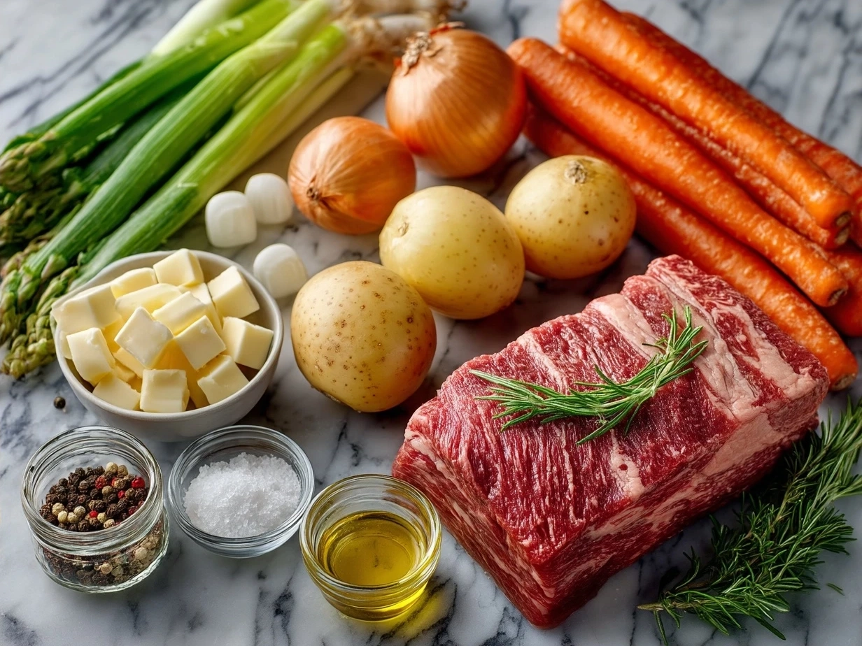 Ingredients for beef vegetable soup including beef, vegetables, and seasonings