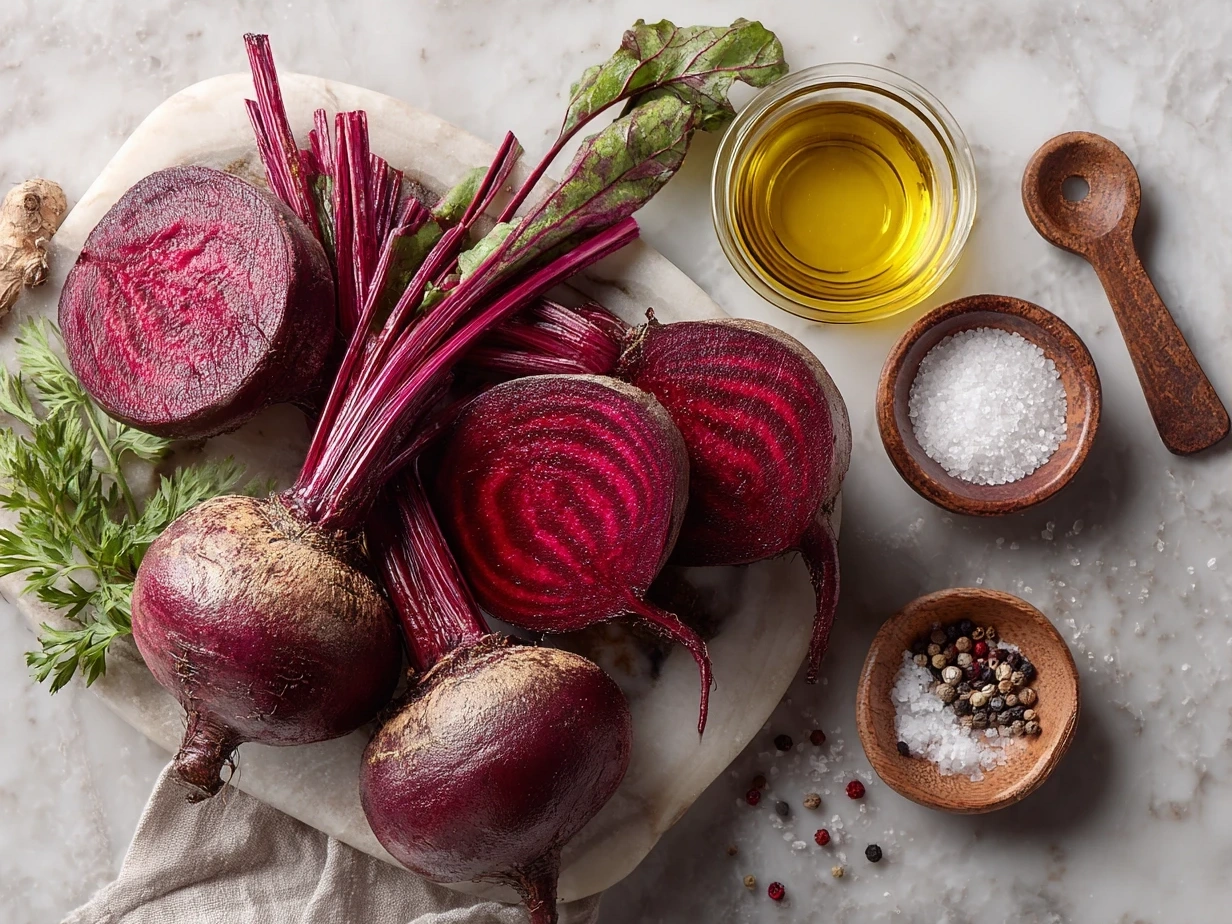 Ingredients for a fresh beet salad including beets, greens, nuts, cheese, and dressing