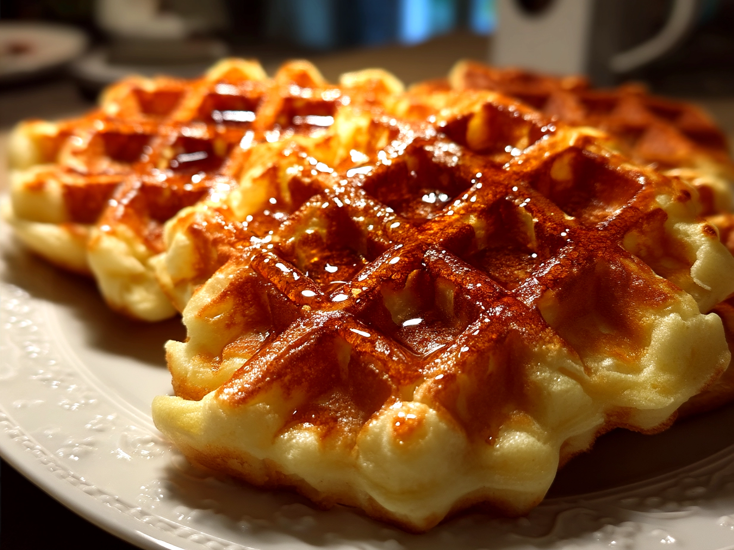 Freshly cooked Belgian waffles topped with berries and syrup
