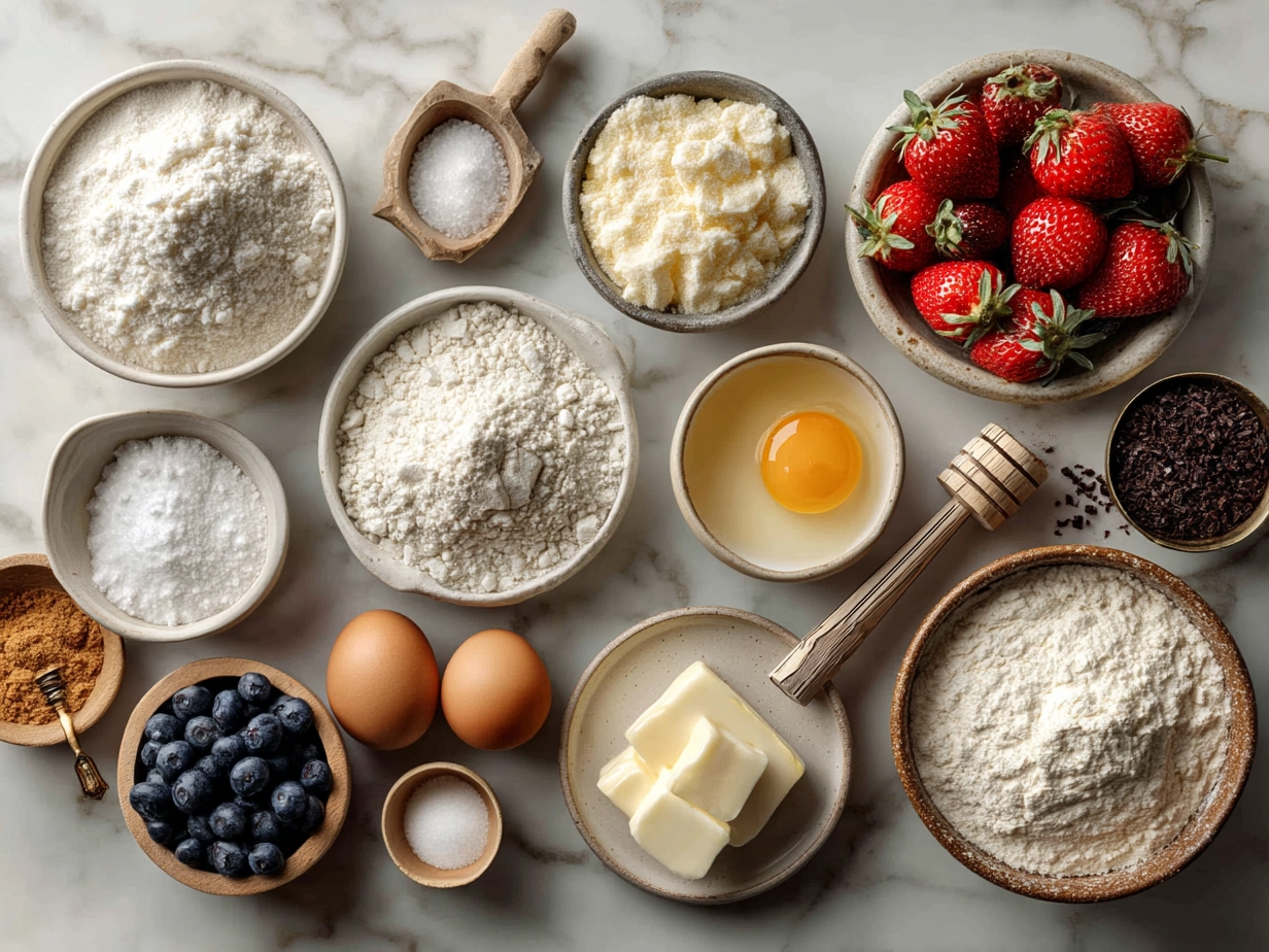 Ingredients for Belgian waffles including flour, eggs, milk, Greek yogurt, and butter