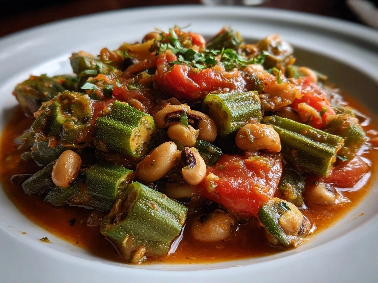 Black-Eyed Peas Okra Stew in Rustic Bowl