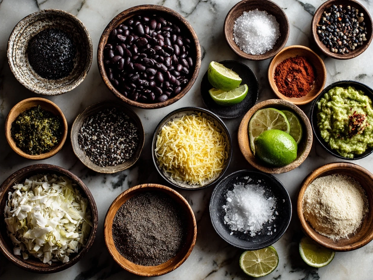 Ingredients for Black Bean Tacos including black beans, avocado, onion, tortillas, and spices