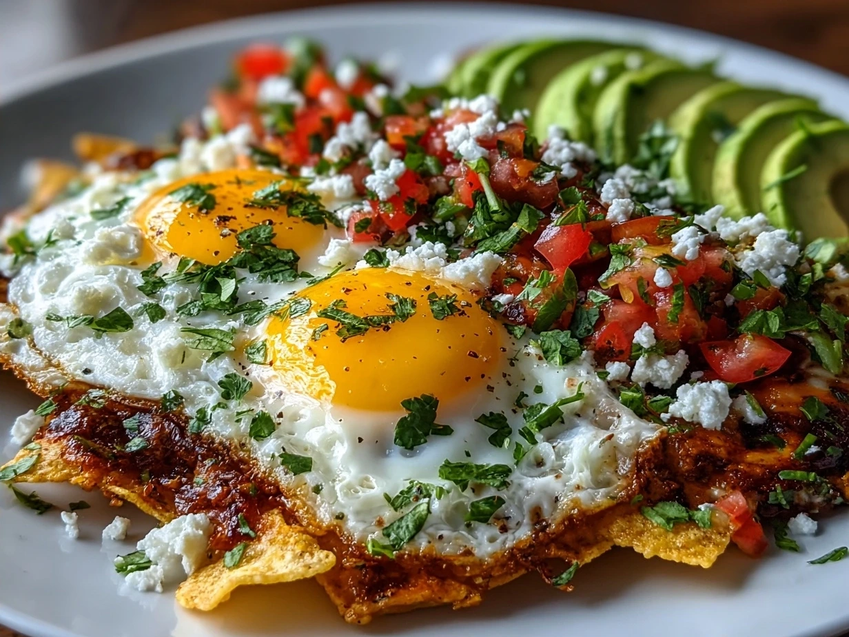 Fully prepared breakfast nachos served on a plate with toppings