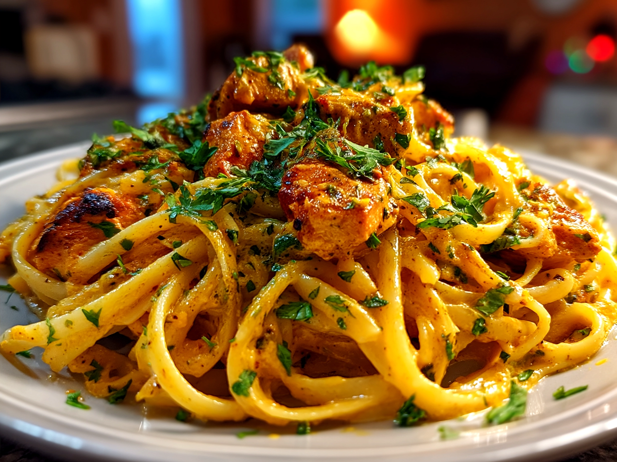A serving of creamy Butter Chicken Linguine garnished with fresh cilantro