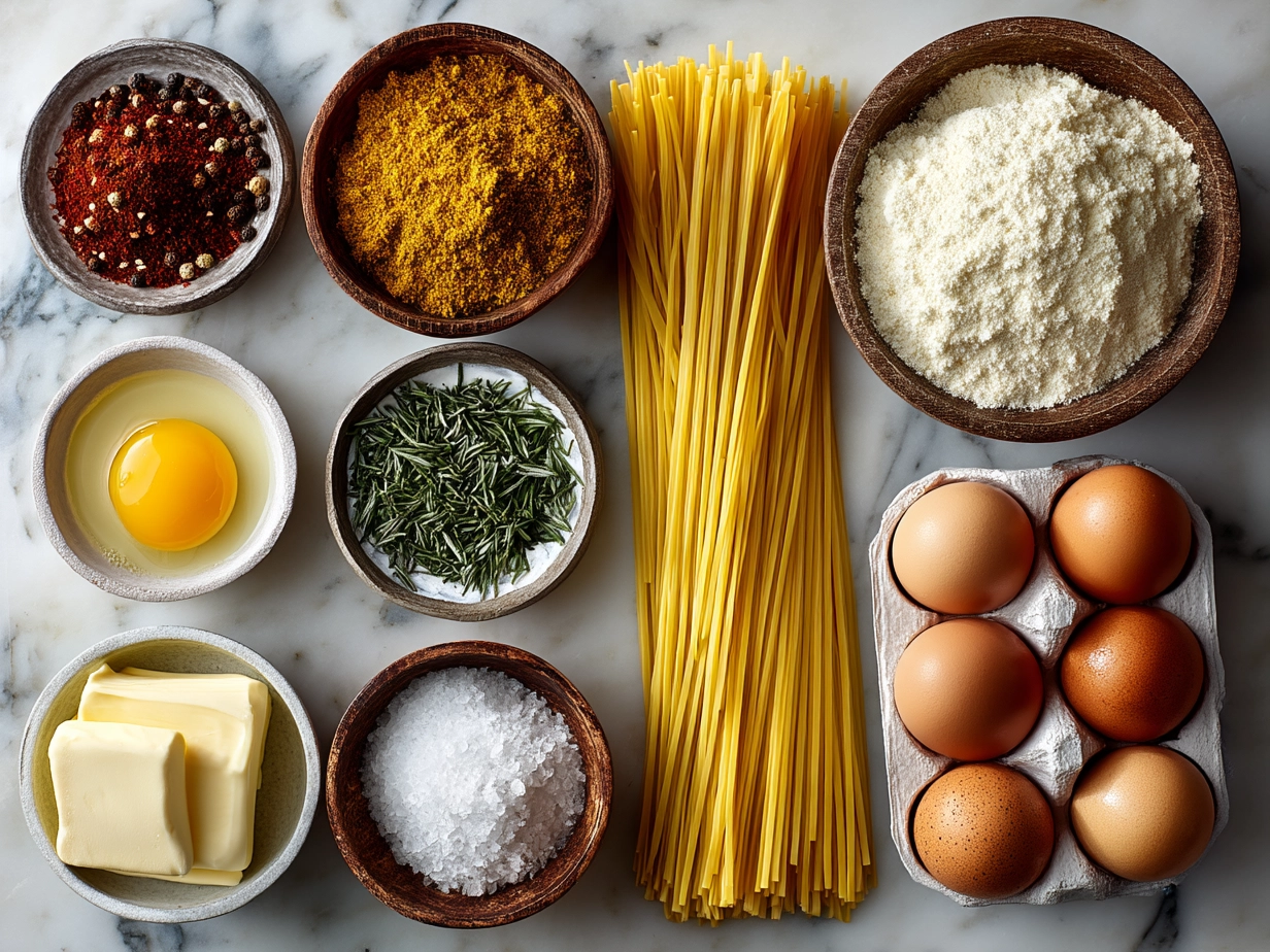 Ingredients for Butter Chicken Linguine laid out on a kitchen counter