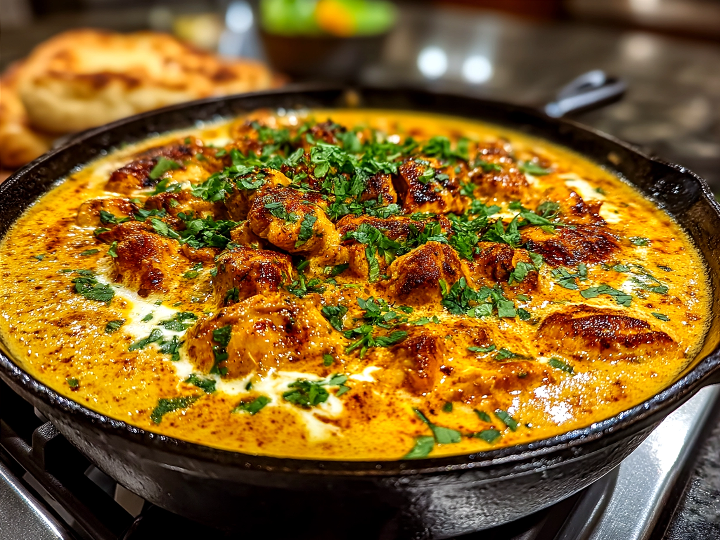 Finished Butter Chicken Skillet served over rice garnished with fresh cilantro