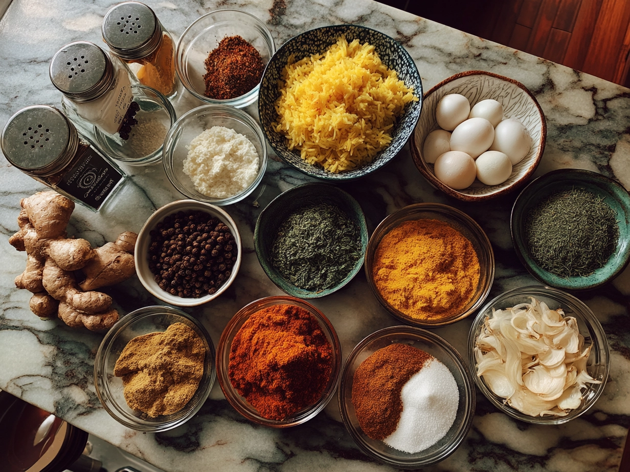 Ingredients for Butter Chicken Skillet including chicken thighs, butter, onion, garlic, ginger, spices, crushed tomatoes and cream