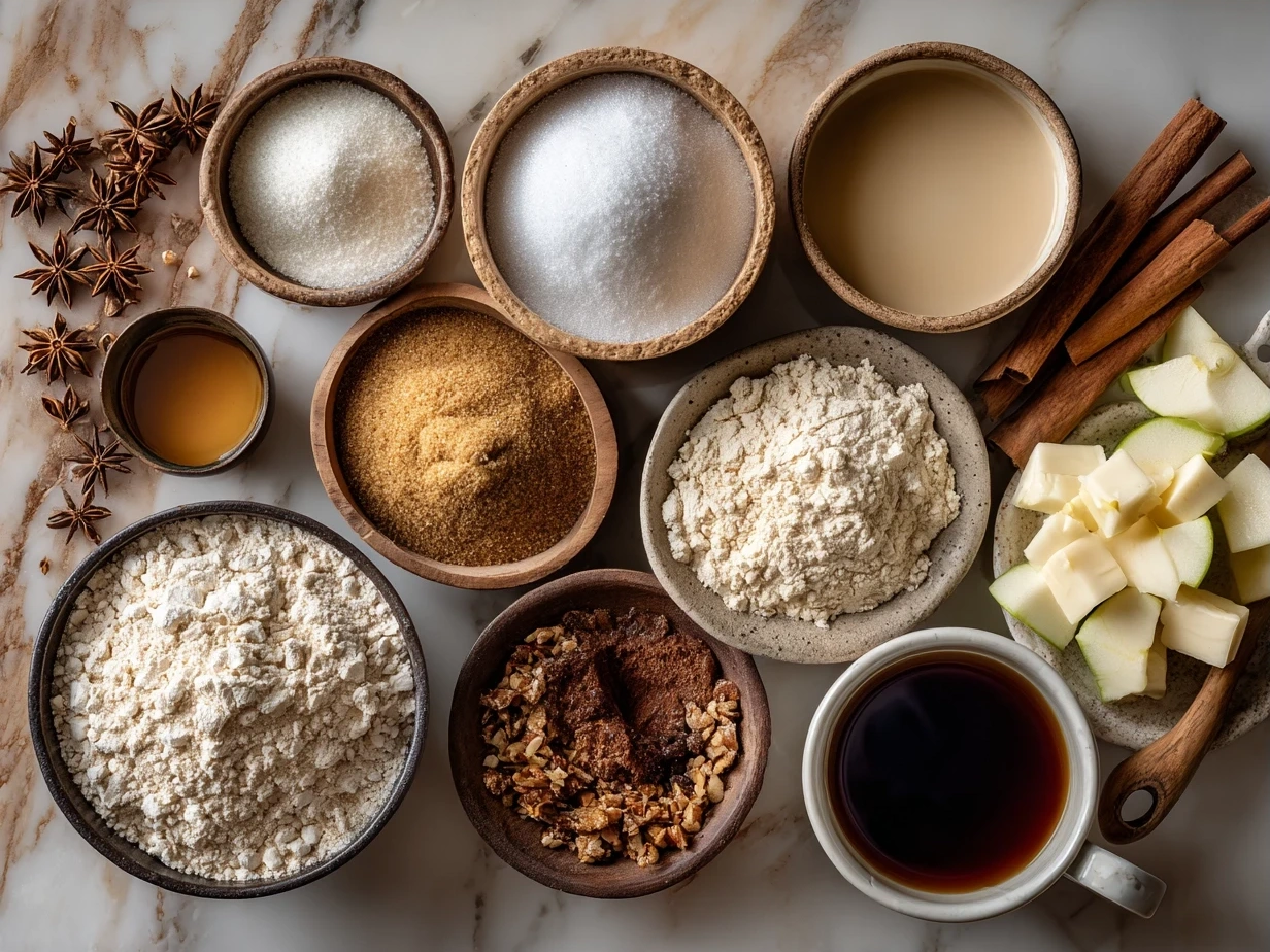 Ingredients for Butternut Squash-Apple Coffee Cake including flour, apples, spices, and squash