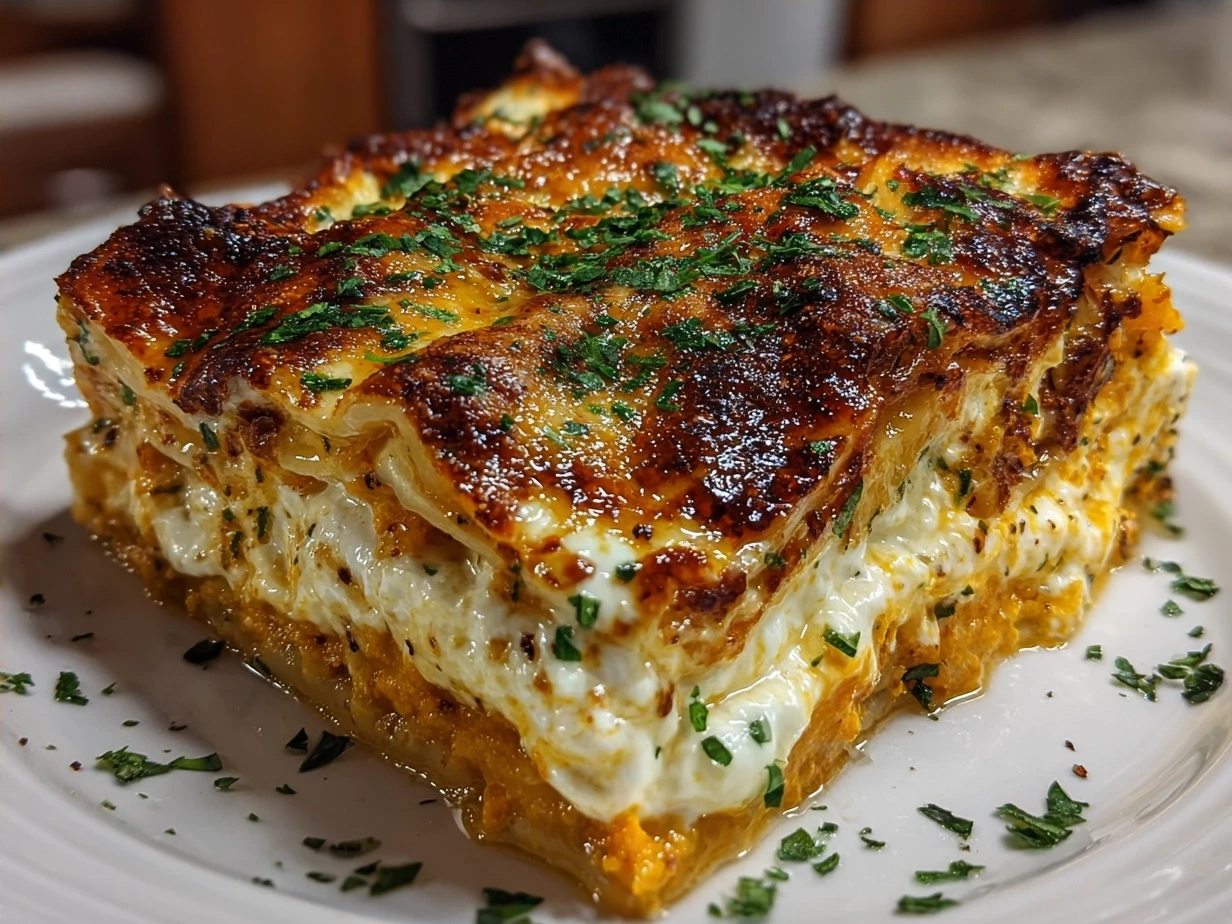Final plated Butternut Squash Lasagna showcasing its creamy layers and golden top
