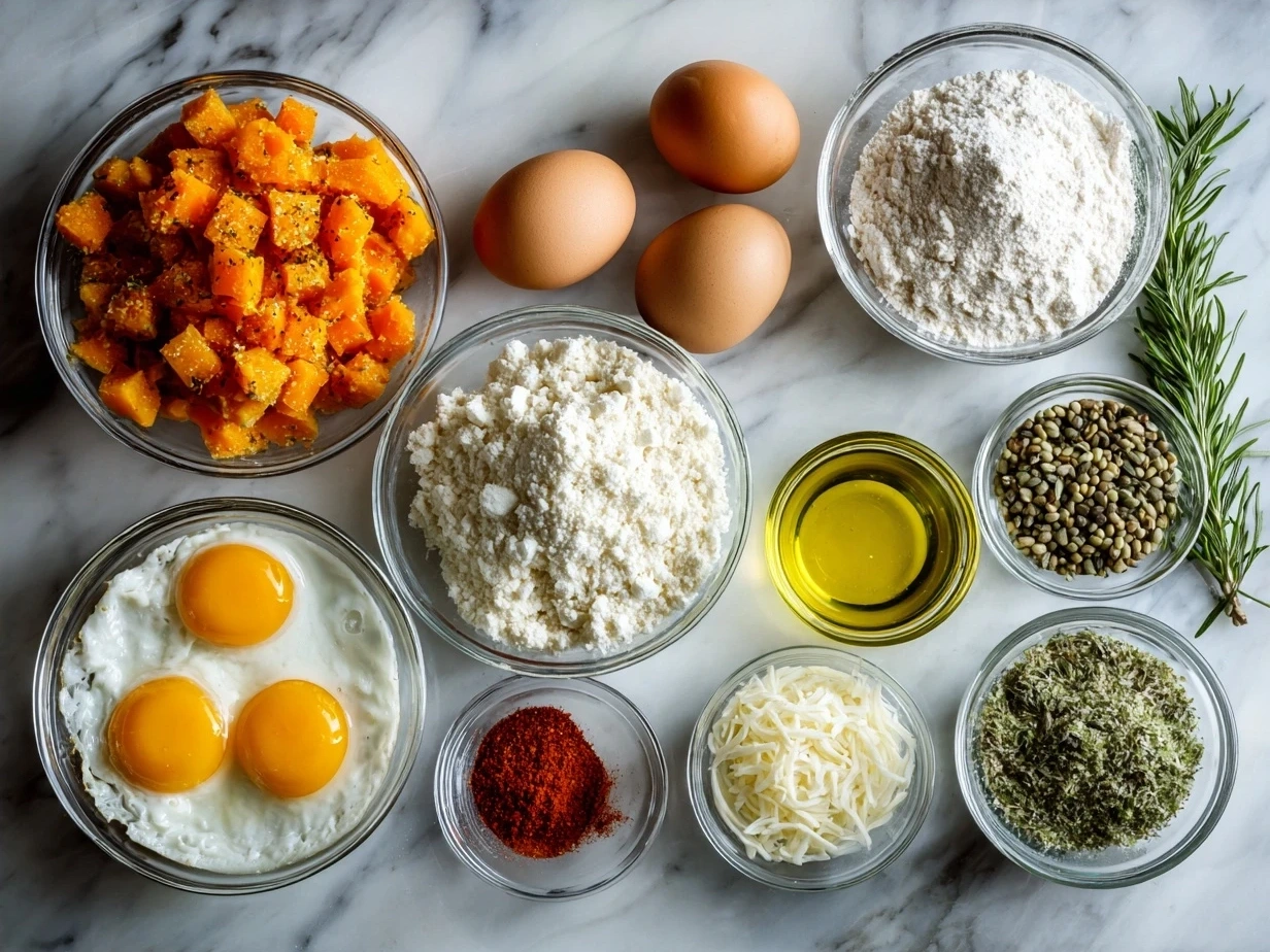 Ingredients for Butternut Squash Lasagna including butternut squash, spinach, cheeses, and noodles