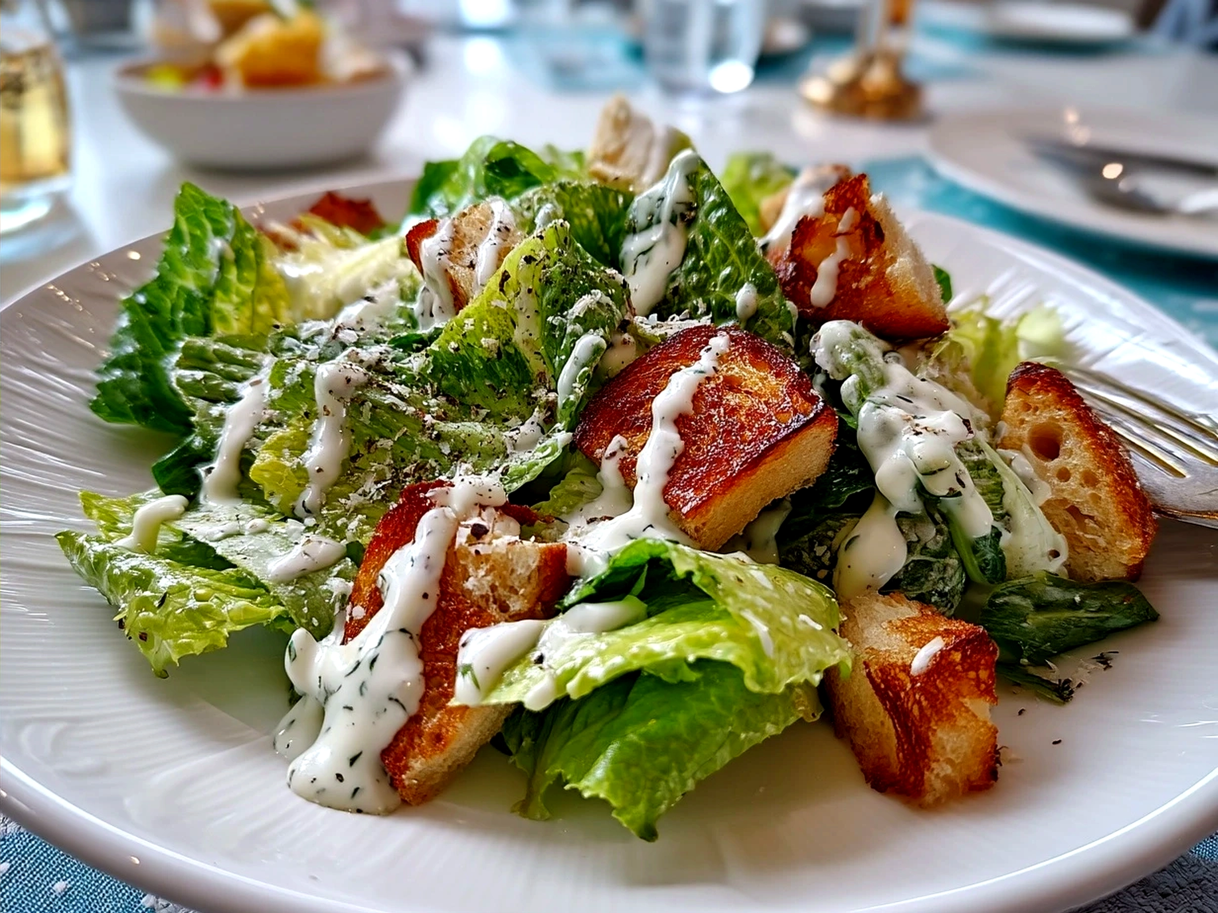 Creamy Caesar dressing served with fresh greens and chicken