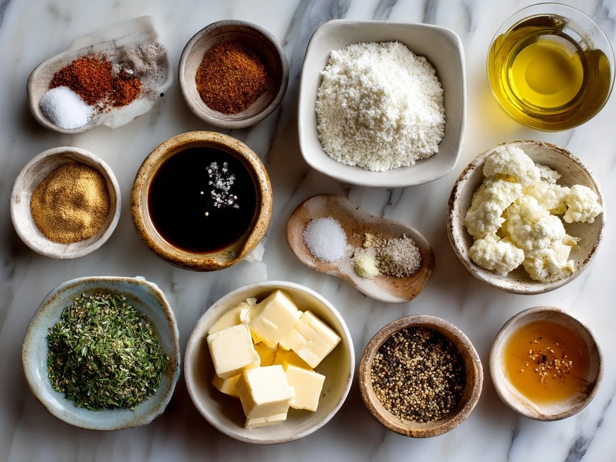 Ingredients for homemade Caesar dressing including Greek yogurt, lemon, garlic, anchovies, Parmesan cheese, olive oil