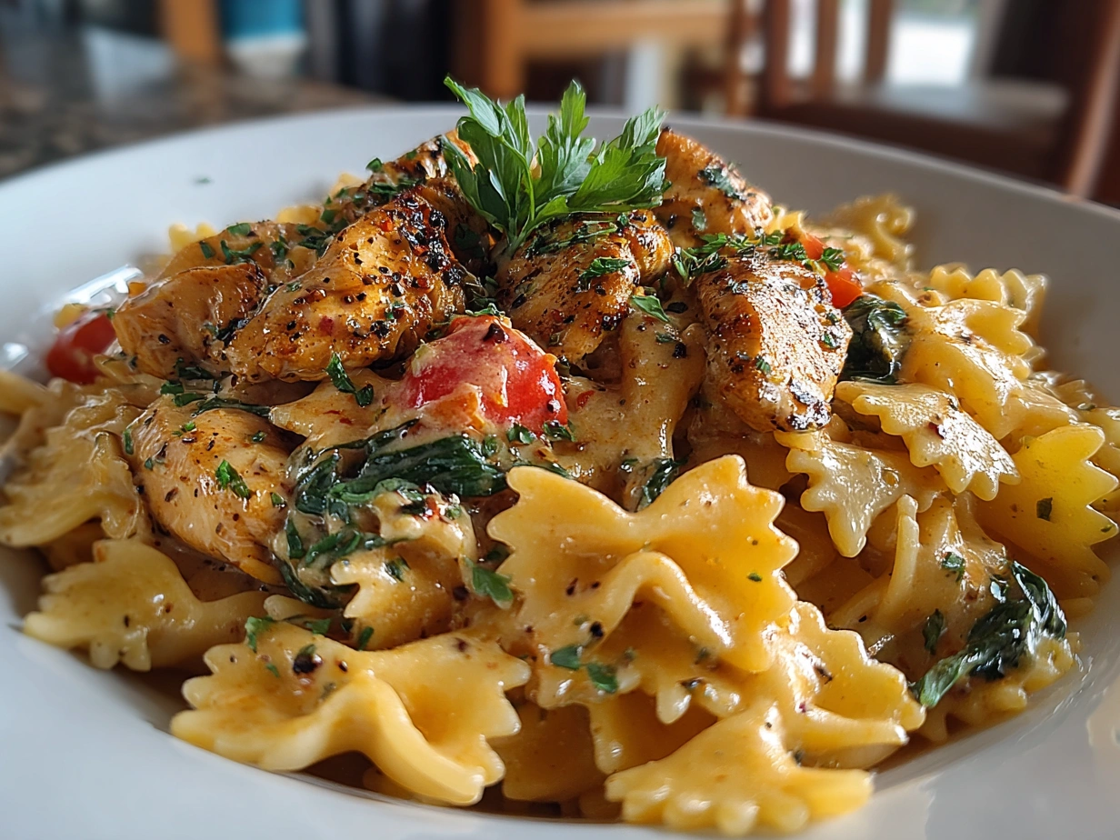 Finished plate of nourishing Cajun Chicken Pasta with chicken strips and creamy sauce garnished with parsley