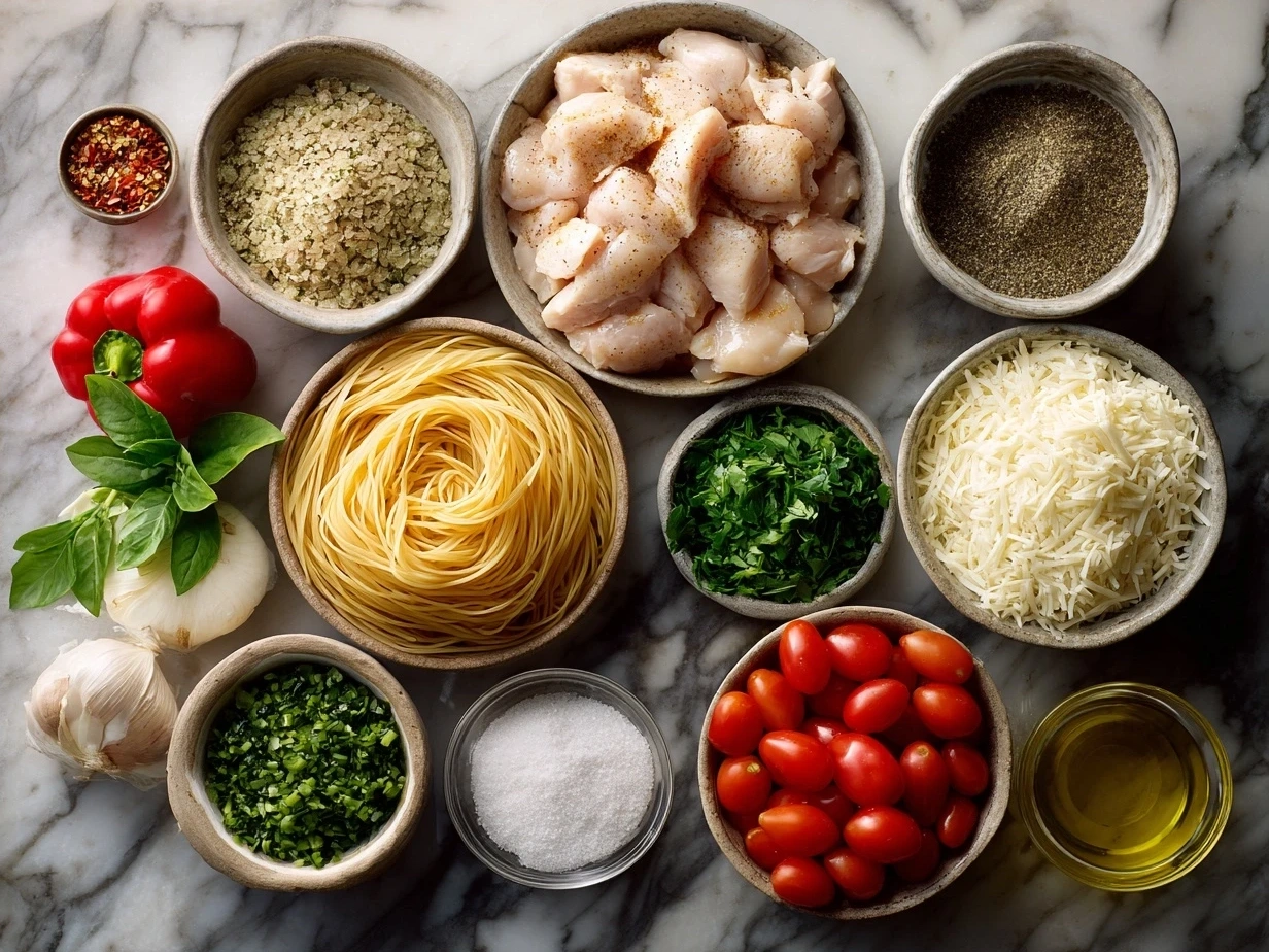 Ingredients for Cajun Chicken Pasta including pasta, chicken, Cajun seasoning, bell peppers, garlic, chicken broth, half-and-half, Parmesan, and butter