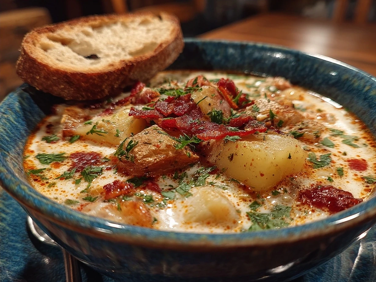 A bowl of creamy Cajun Potato Soup garnished with fresh herbs and served with whole-grain bread
