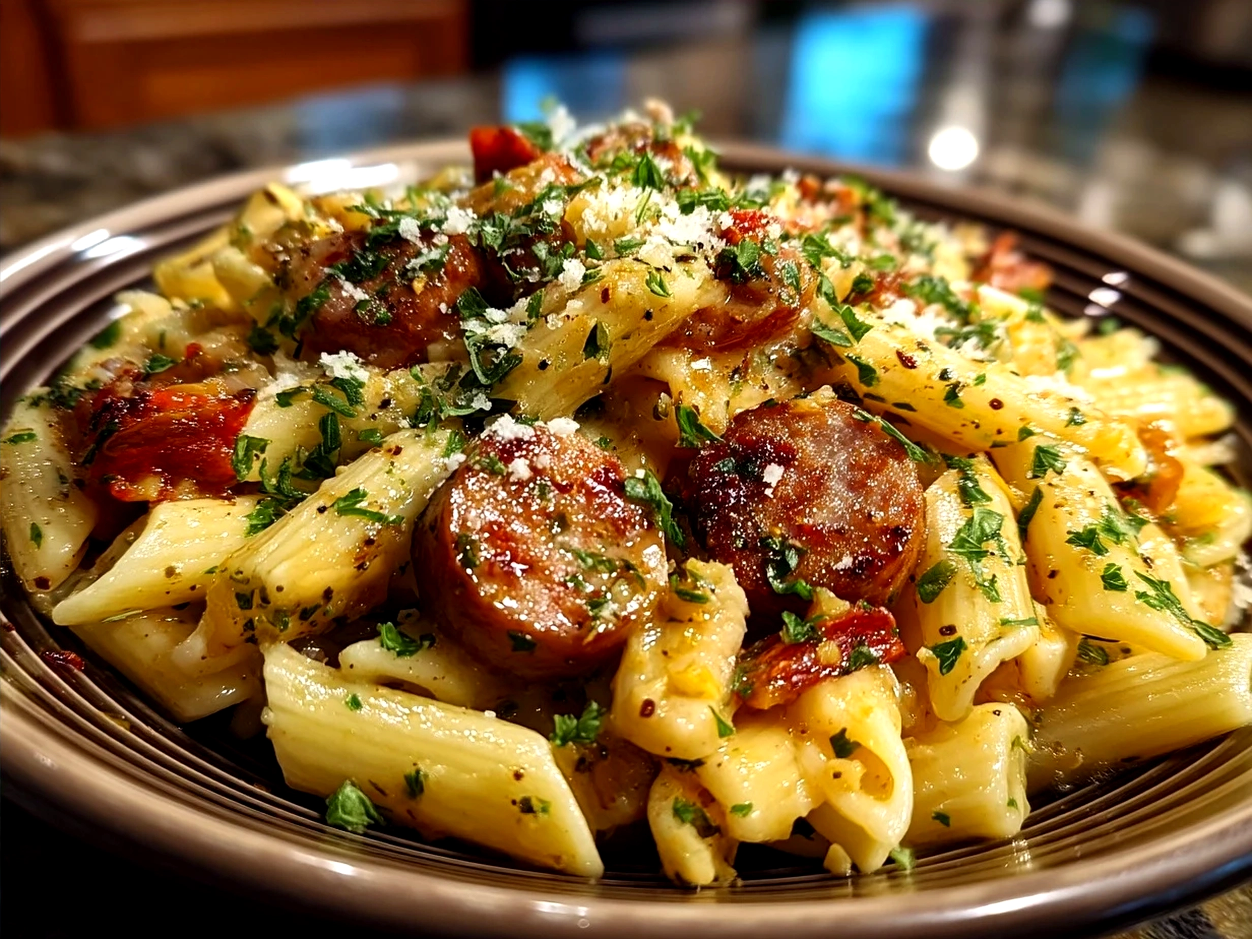 Creamy Cajun Sausage Pasta served on a plate ready to eat