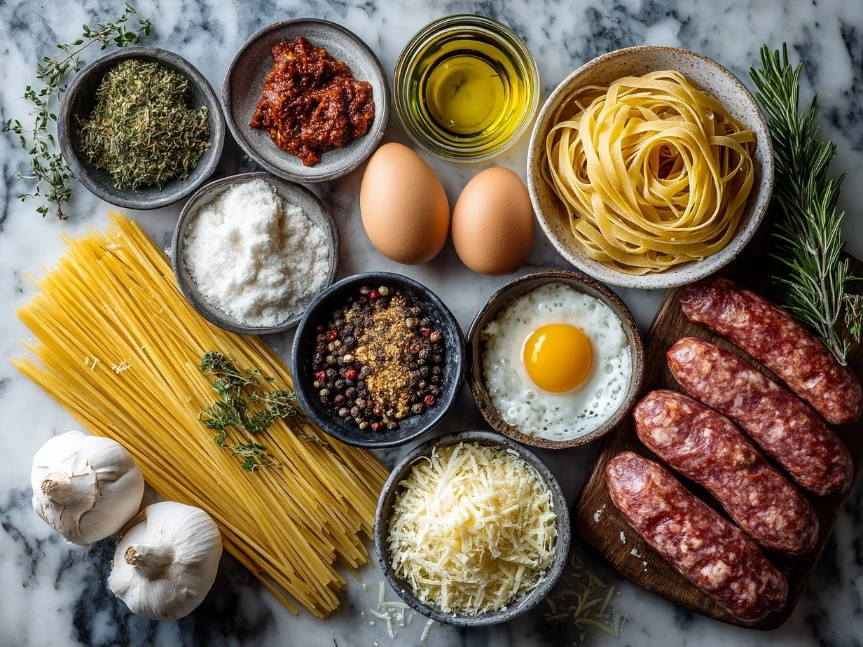 Ingredients for Cajun Sausage Pasta with sausage, pasta, bell peppers, onions, and spices laid out