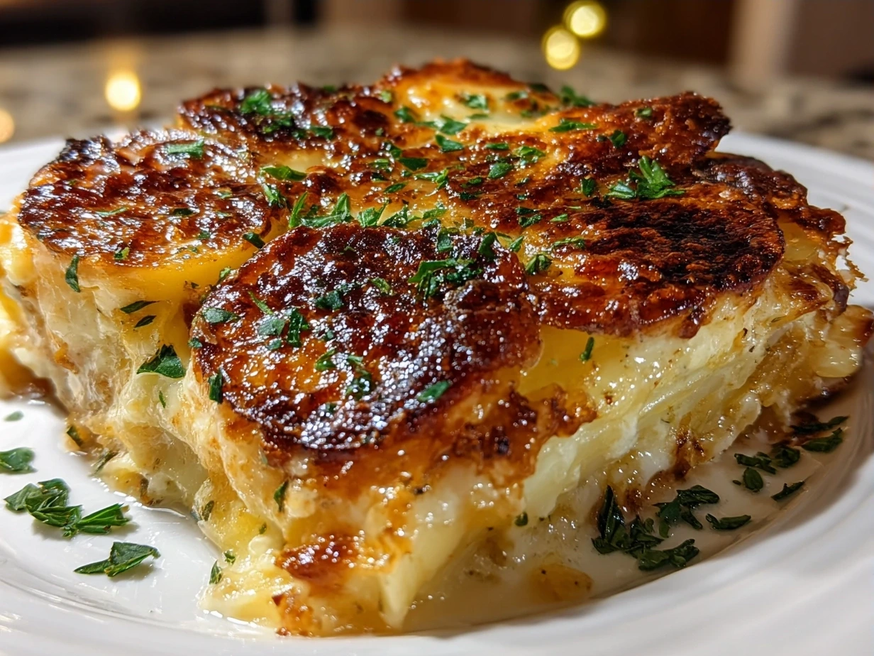Baked Cajun Scalloped Potatoes served in a casserole dish, golden and bubbling