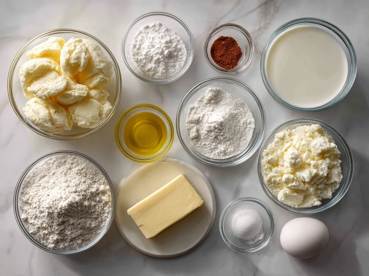 Ingredients for Cajun Scalloped Potatoes laid out including potatoes, cheese, milk, and spices