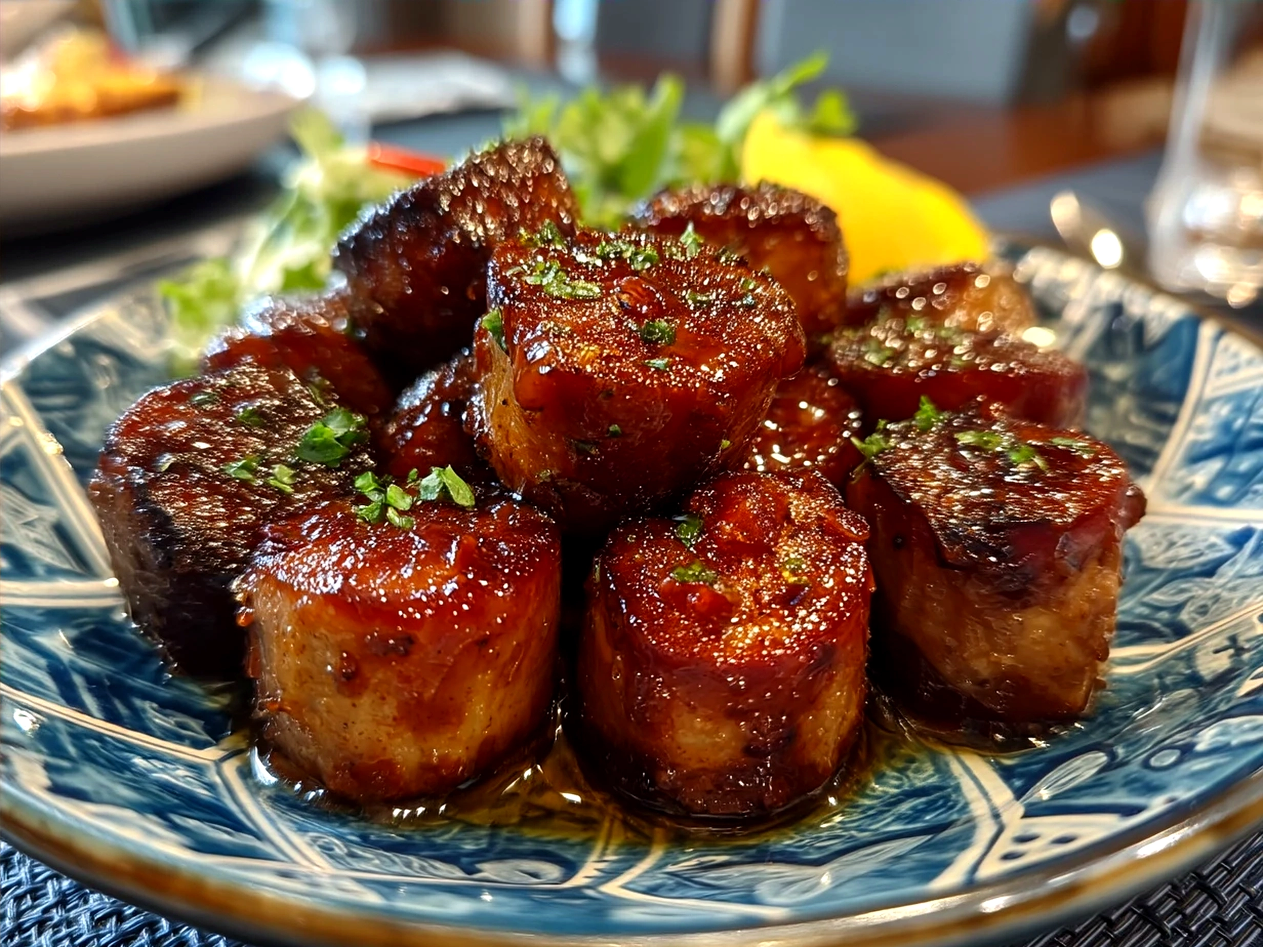 Finished Candied Kielbasa Bites served with cucumber and carrot sticks on a colorful plate