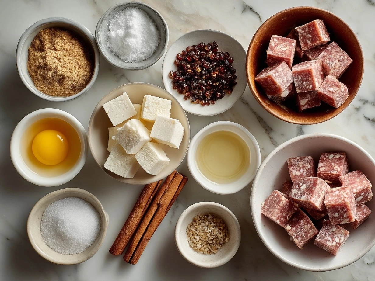 Ingredients for Candied Kielbasa Bites including smoked kielbasa, brown sugar, Dijon mustard, and apple cider vinegar