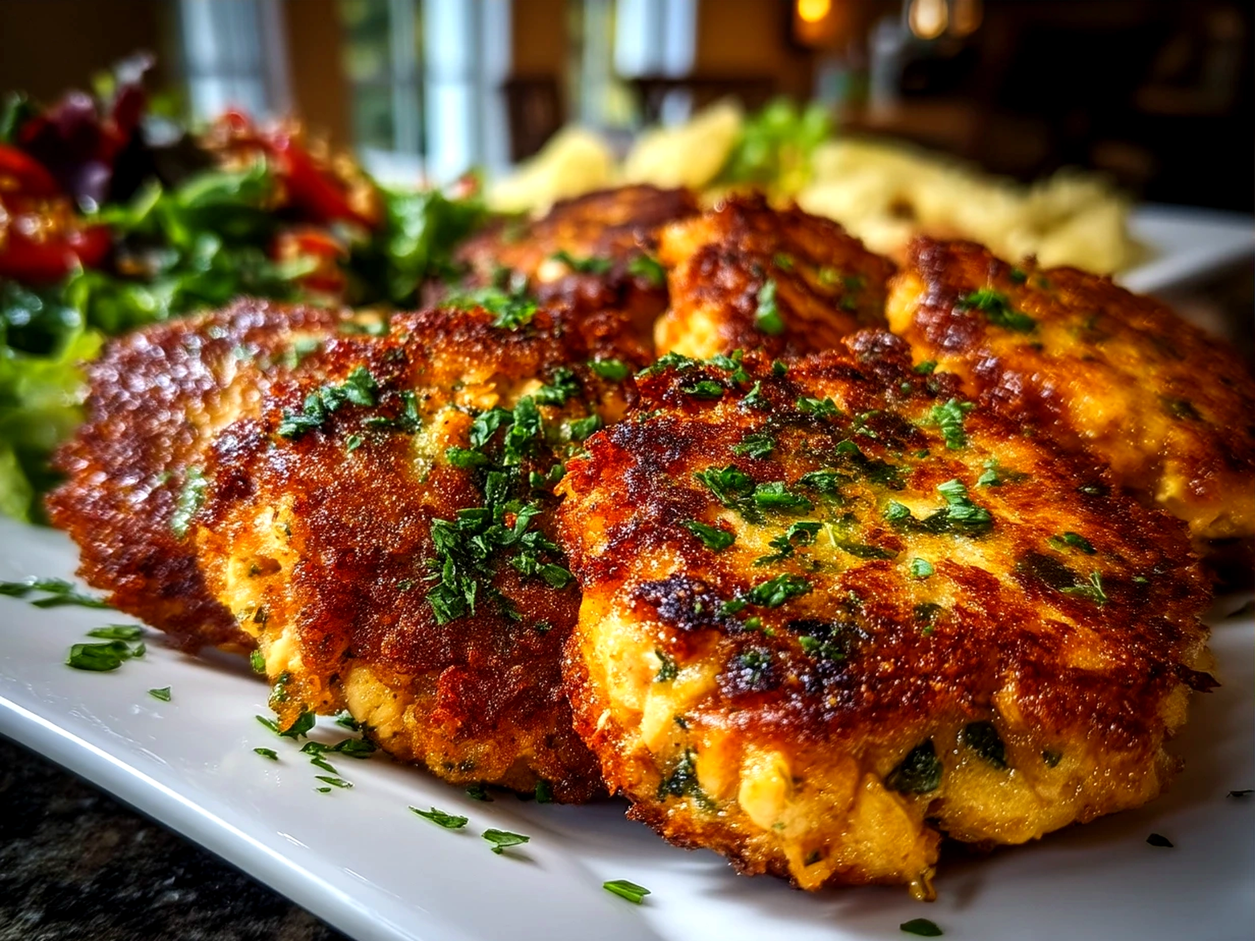 Delicious plated canned salmon cakes served with salad and lemon wedges