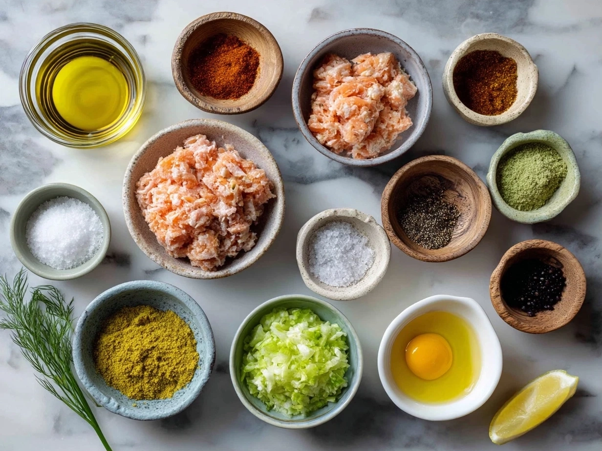 Ingredients for canned salmon cakes including canned salmon, eggs, parsley, breadcrumbs, and seasonings