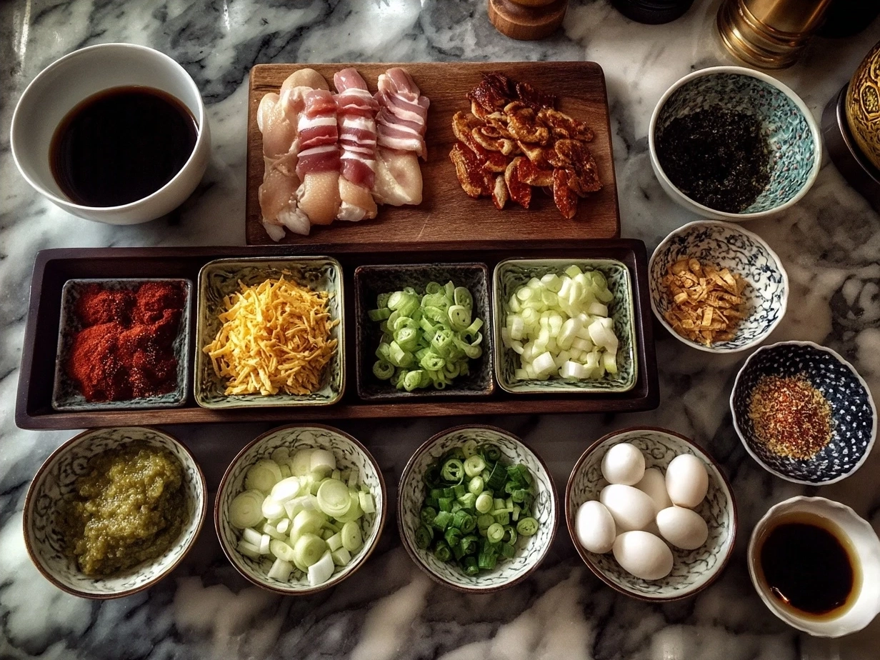 Ingredients for Char Siu Chicken including chicken thighs, hoisin sauce, honey, garlic, and spices