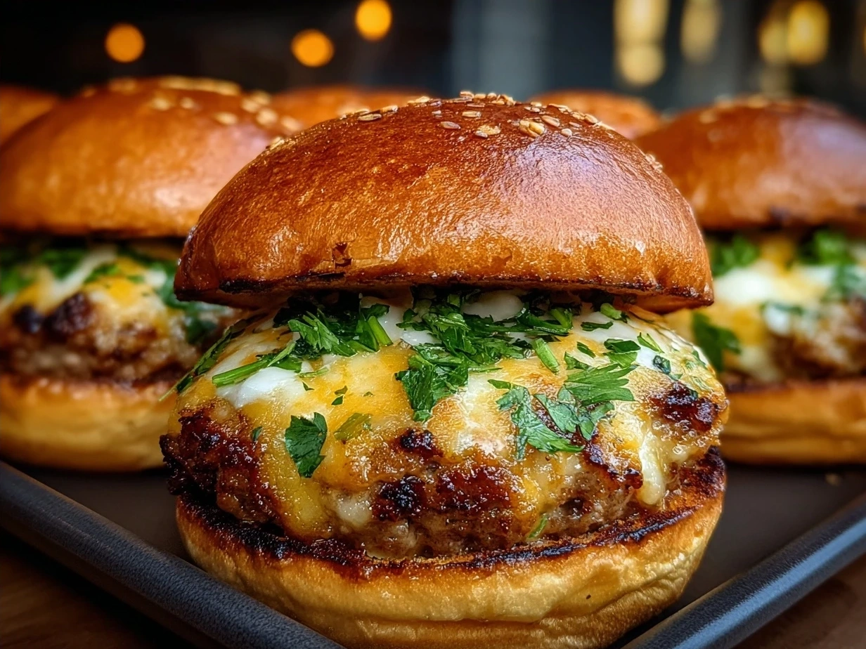 Finished Cheddar Jalapeño Burgers plated and ready to eat