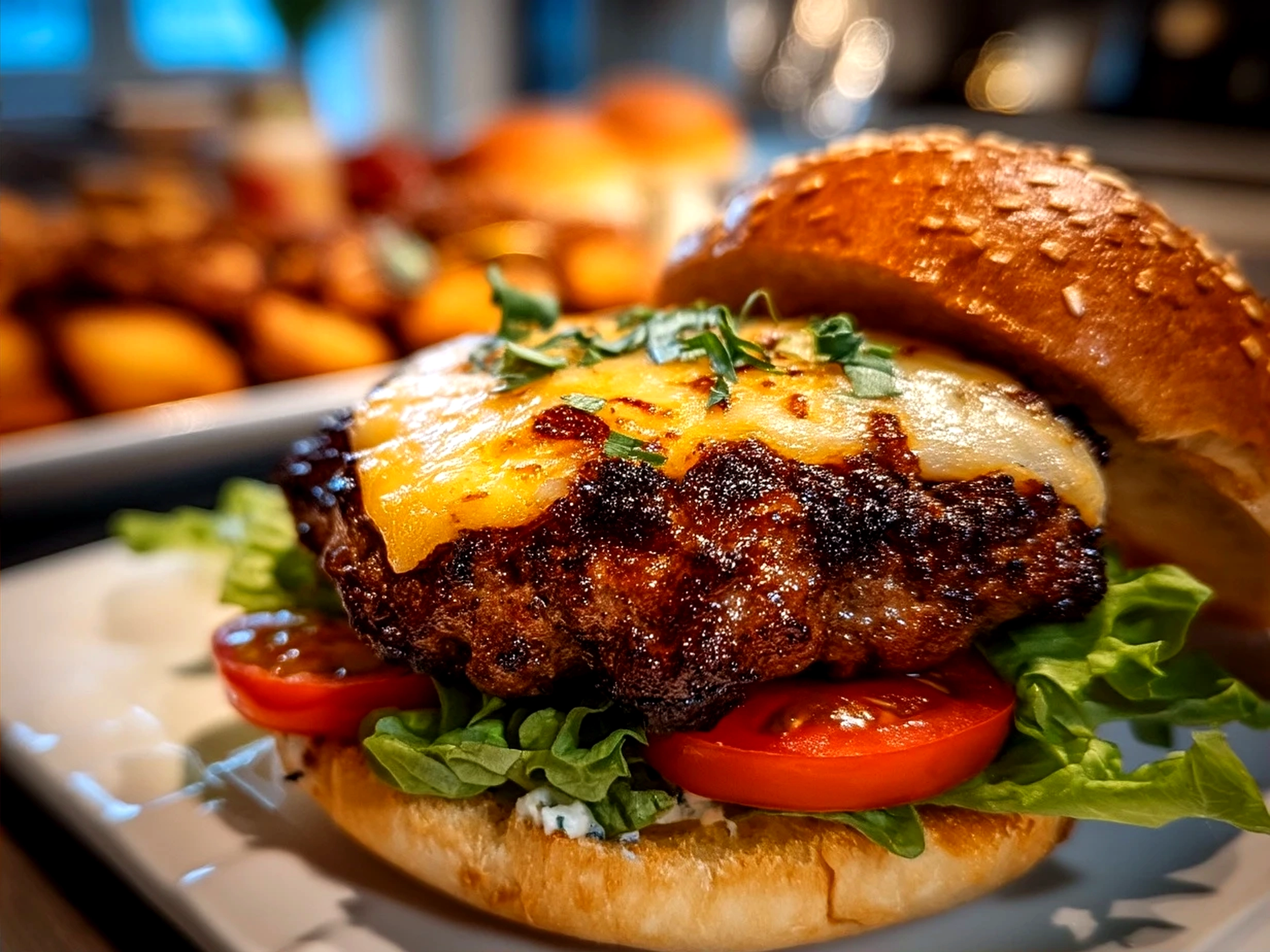 Serving of cheeseburger baked with a side of steamed broccoli
