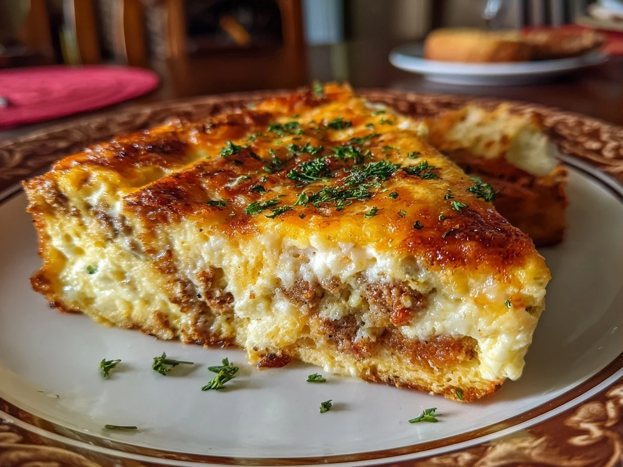 Final cheesy breakfast casserole served warm, golden and cheesy