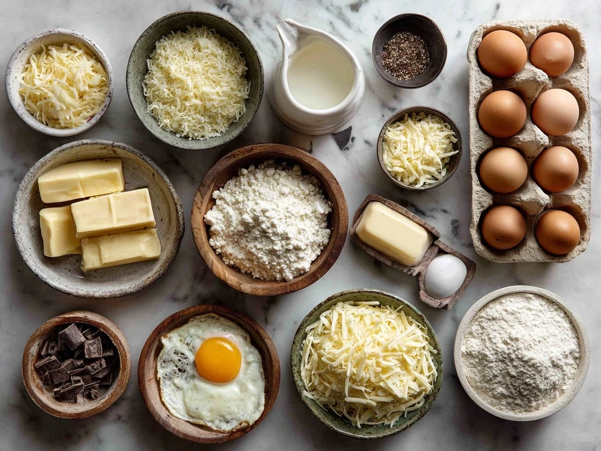 Ingredients for cheesy breakfast casserole including eggs, cheese, bread, sausage, bell peppers, onion, and herbs