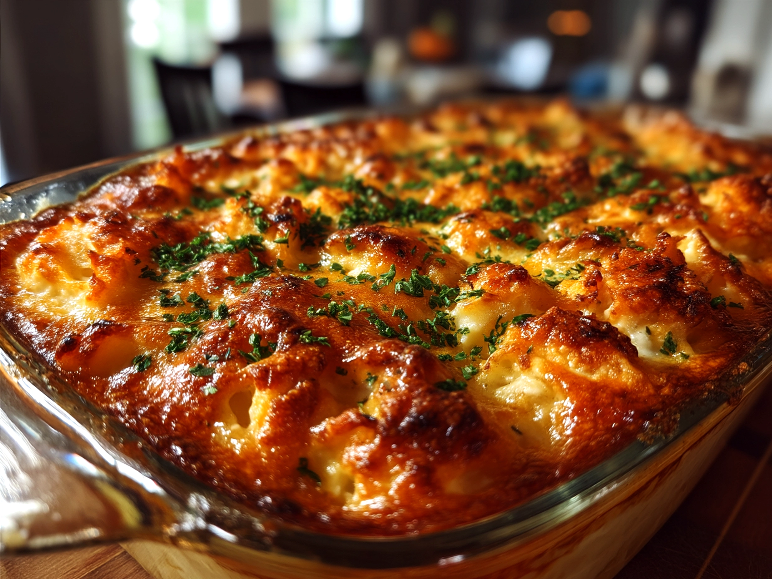 A serving of Cheesy Funeral Potatoes casserole on a plate with green beans as a side dish