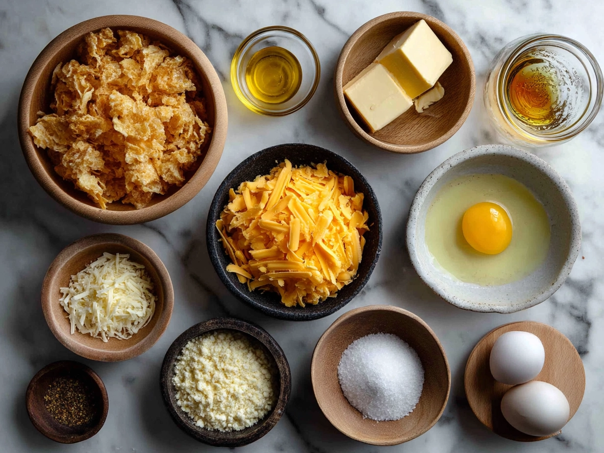 Ingredients for Cheesy Funeral Potatoes including shredded cheddar cheese, frozen hash browns, diced onions, and canned soup