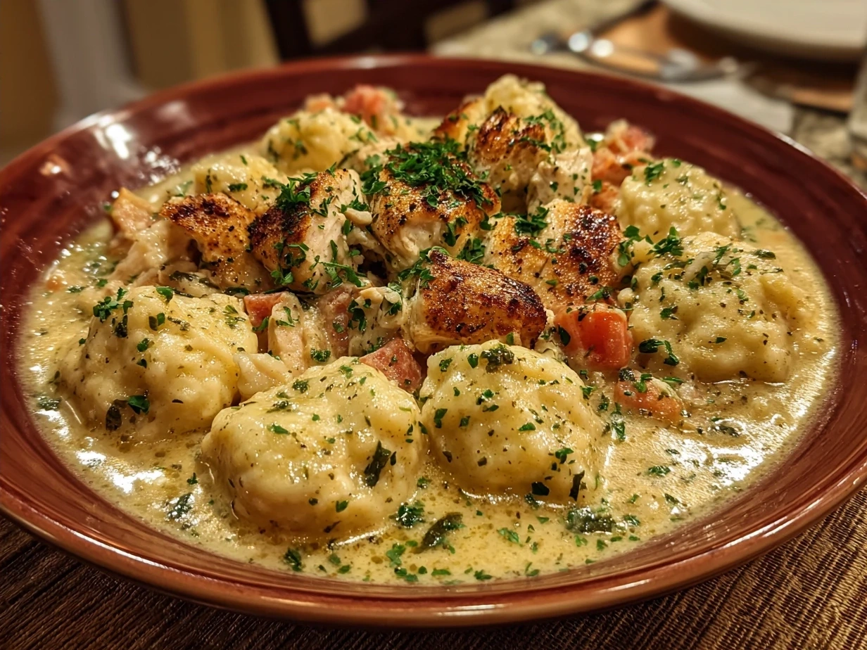 A delicious bowl of homemade chicken and dumplings ready to serve