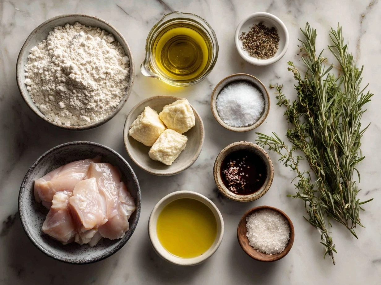 Ingredients for homemade chicken and dumplings including fresh vegetables, chicken, flour, and spices