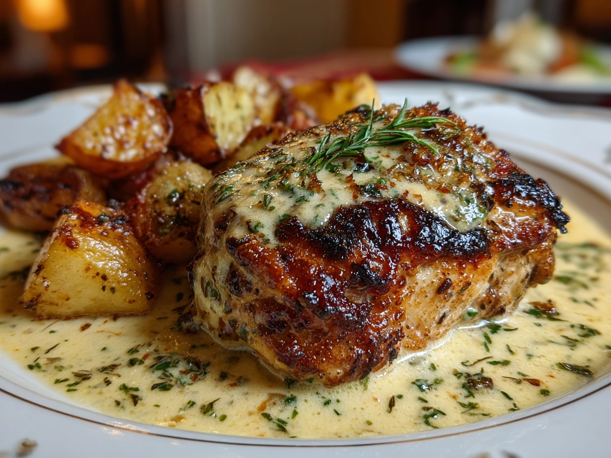 A plated serving of Chicken and Potatoes Dijon Sauce recipe showing golden chicken thighs and roasted potato wedges garnished with herbs